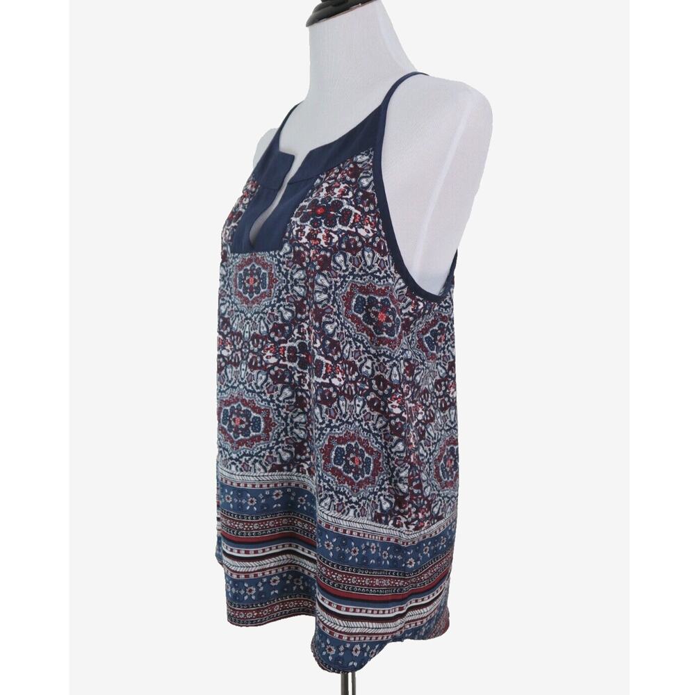 Athleta Size M Medallion Dunes Tank Top Split Neck Tie Back Blue Multi